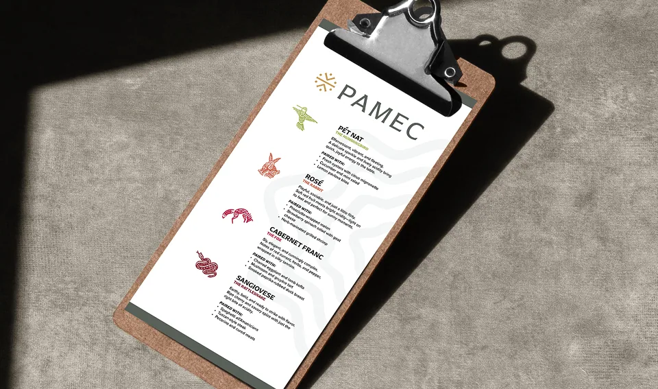 Wine menu design for Pamec Winery vineyards