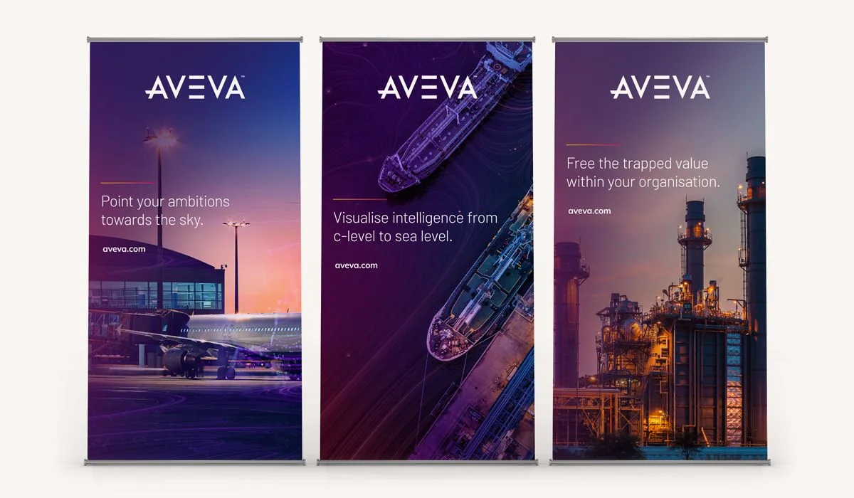 Industrial trade show booth collateral design for AVEVA