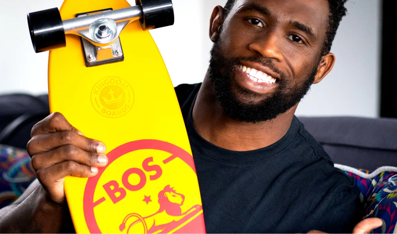BOS x Siya Kolisi BOS marketing x Siya Kolisi studio shoot featuring skateboard giveaway
