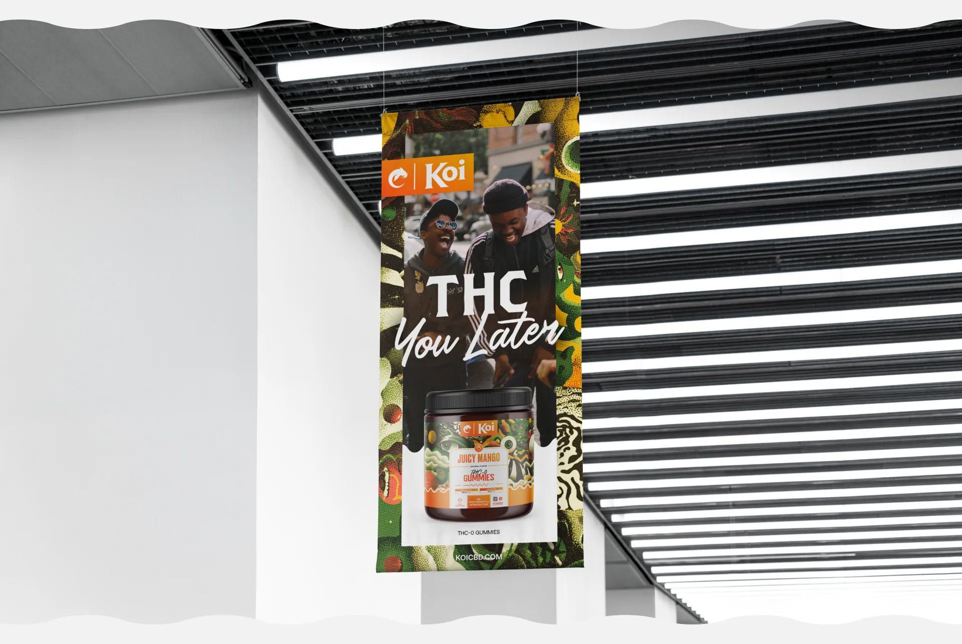 Hanging banner mockup design for Koi juicy mango thc o gummies
