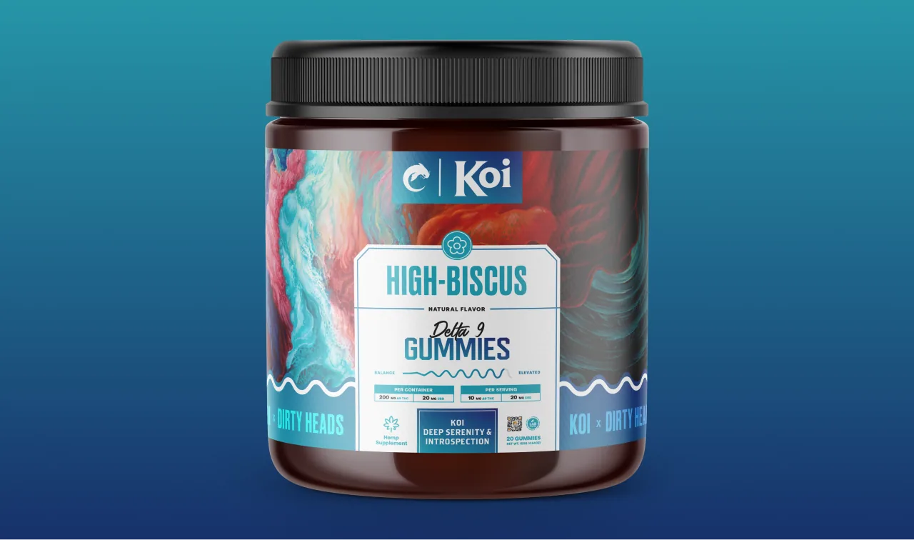 Koi artist collaboration packaging of a jar of delta nine gummies