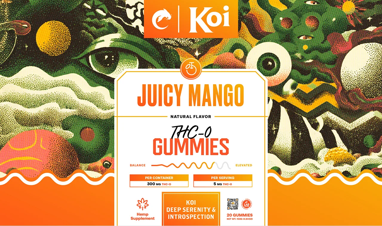 Koi creative packaging design for juicy mango THC O gummies
