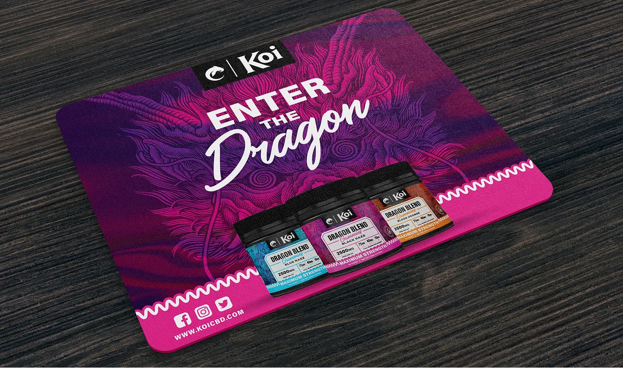 Koi mousepad design with dragon blend gummies and branding
