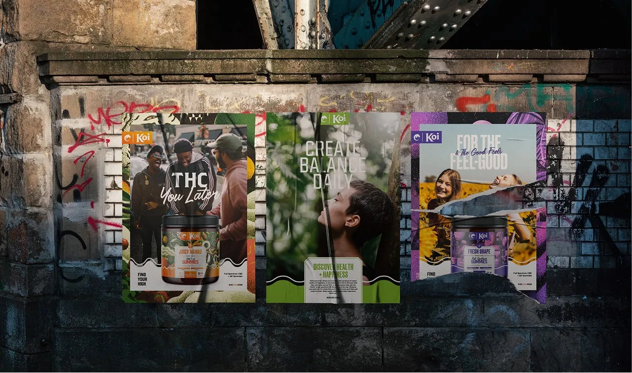 Mockup of Koi cbd posters on a wall covered in graffiti