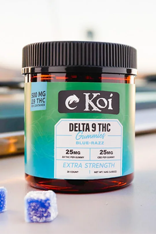 Product photography for Koi blue razz delta nine gummies