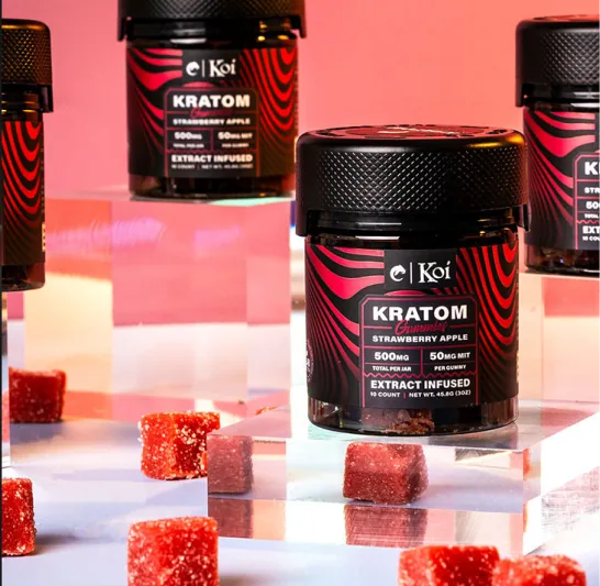 Product photography for Koi strawberry apple kratom gummies