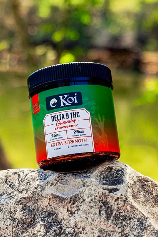 Product photography for Koi strawberry delta nine gummies