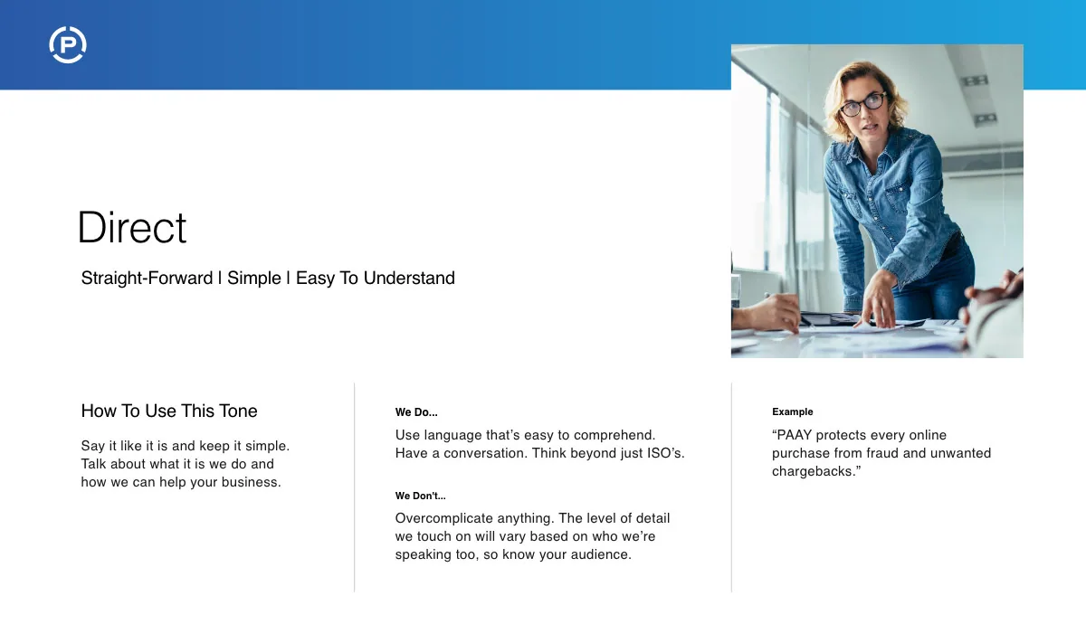 PAAY branding tone of voice direct