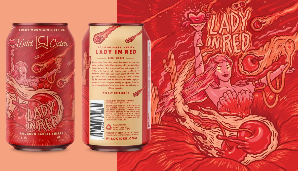 Wild Cider lady in red can illustration