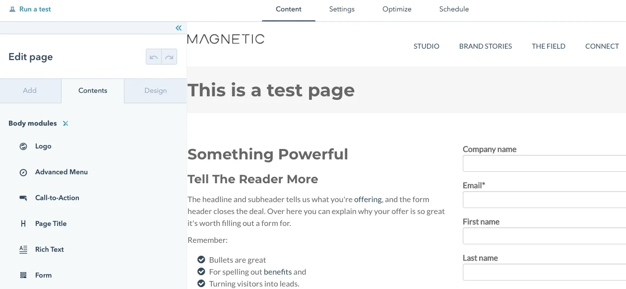 HubSpot landing page Content