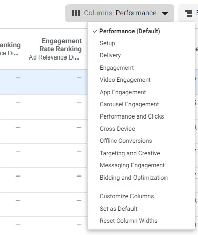 Facebook ads manager column options