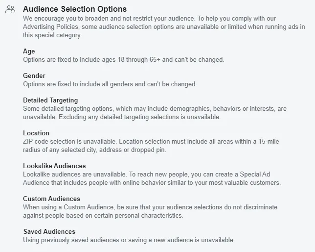 Facebook audience selection options for Special Ad Categories